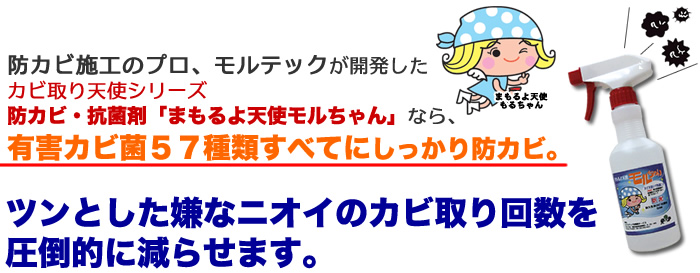 防カビ施工のプロ、モルテックが開発したカビ取り天使シリーズ防カビ・抗菌剤「まもるよ天使モルちゃん」なら、有害カビ菌27種類すべてにしっかり防カビ。