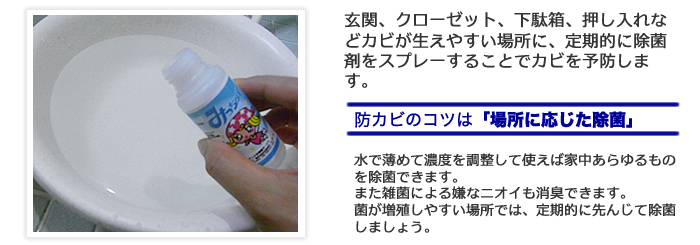 玄関、クローゼット、下駄箱、押し入れなどカビが生えやすい場所に、定期的に除菌剤をスプレーすることでカビを予防します。防カビのコツは「場所に応じた除菌」