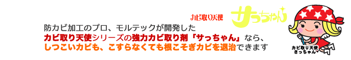 防カビ加工のプロ、モルテックが開発した「カビ取り天使シリーズ」の強力カビ取り剤「さっちゃん」ならしつこいカビも、こすらなくても根こそぎカビを退治できます。